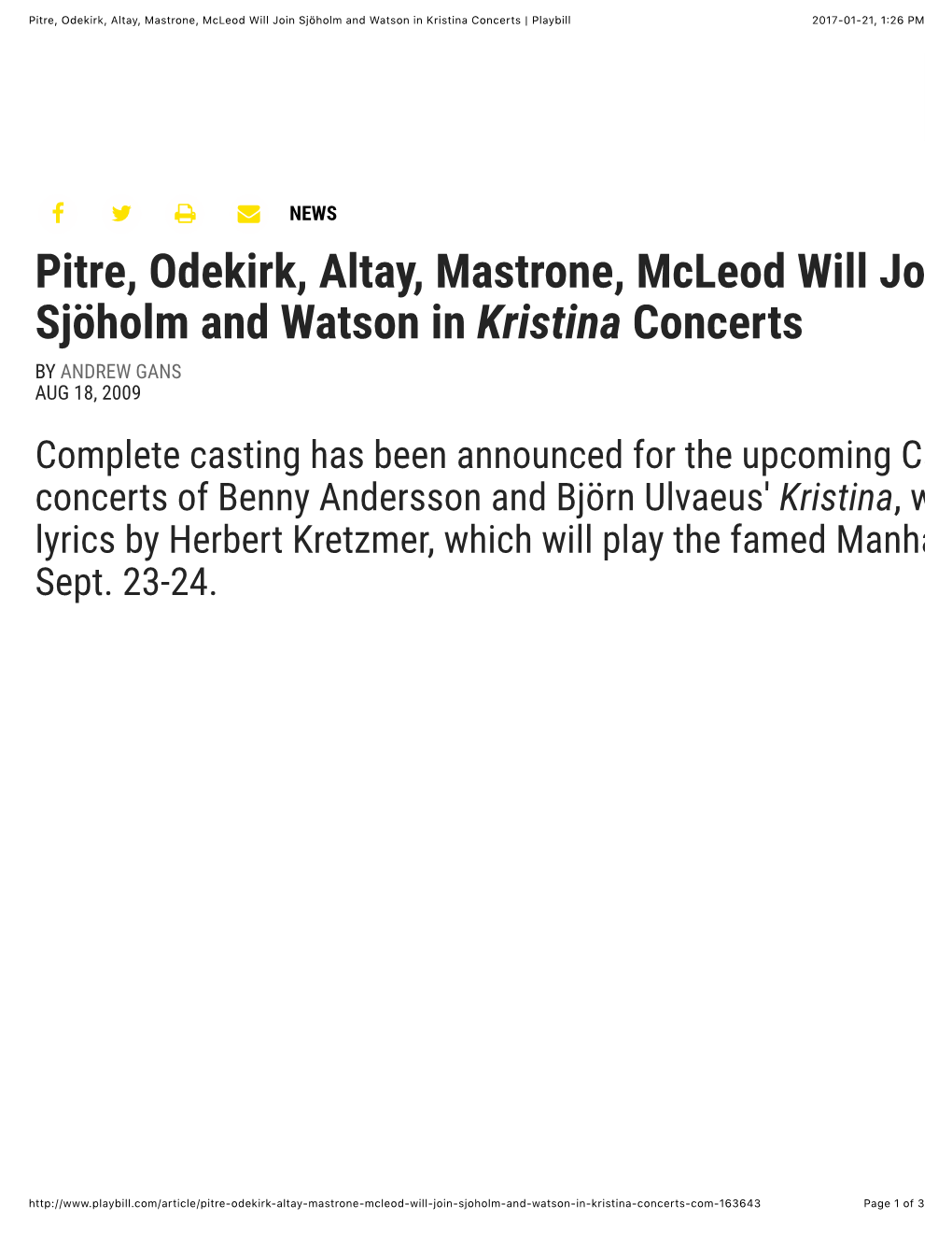 Pitre, Odekirk, Altay, Mastrone, Mcleod Will Join Sjöholm and Watson in Kristina Concerts | Playbill 2017-01-21, 1�26 PM