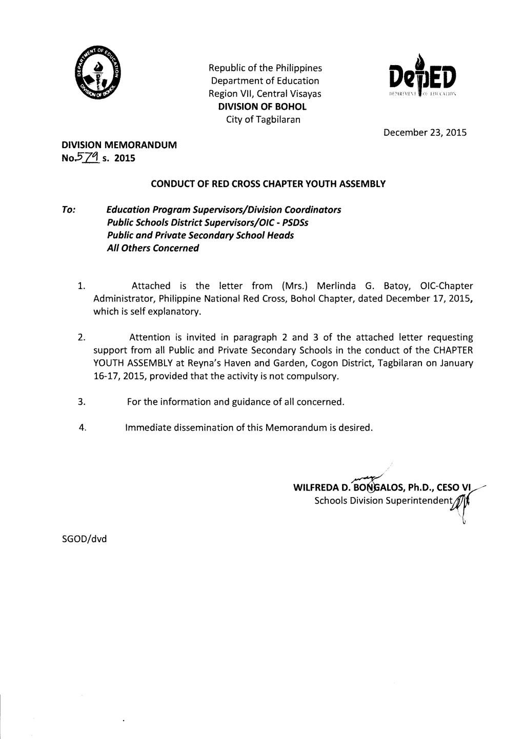 Nsff,R DIVISION of BOHOL City of Tagbilaran December 23,2075 DIVISION MEMORANDUM Tto5v S