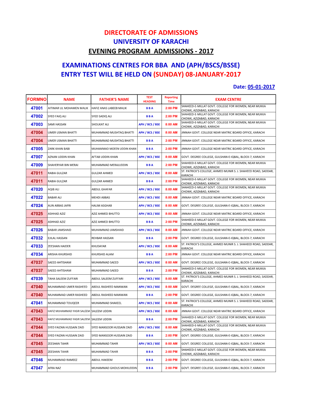 2017 EXAMINATIONS CENTRES for BBA and (APH/BSCS/BSSE) ENTRY TEST WILL BE HELD on (SUNDAY) 08-JANUARY-2017 Date: 05-01-2017