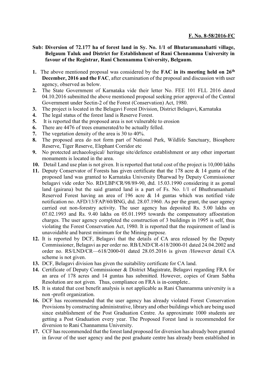 F. No. 8-58/2016-FC Sub: Diversion of 72.177 Ha of Forest Land in Sy. No