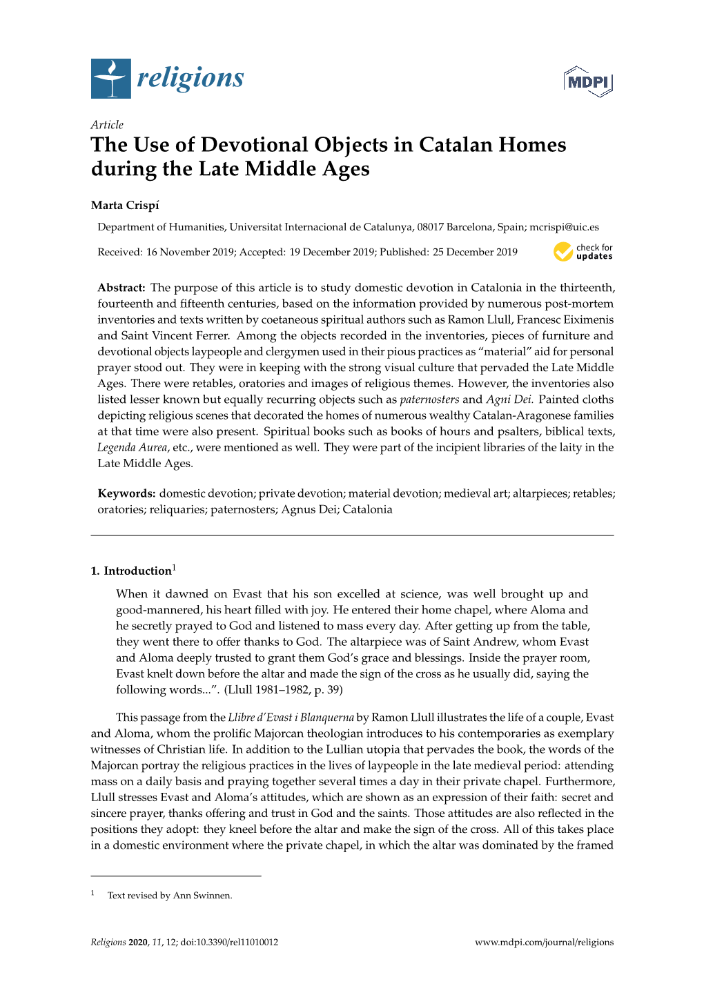 The Use of Devotional Objects in Catalan Homes During the Late Middle Ages