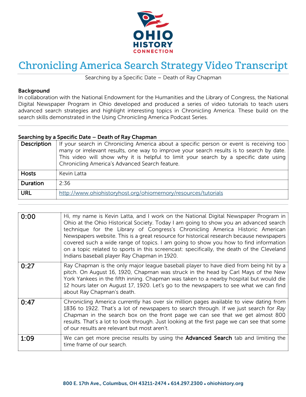 Chronicling America Search Strategy Video Transcript Searching by a Specific Date – Death of Ray Chapman