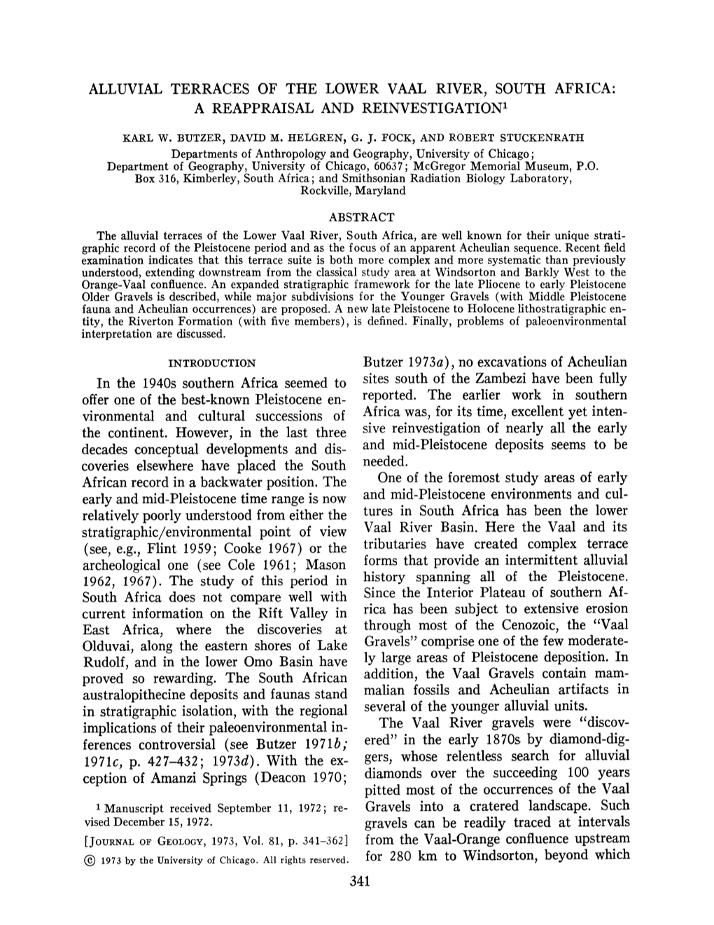 Alluvial Terraces of the Lower Vaal River, South Africa: a Reappraisal and Reinvestigation1