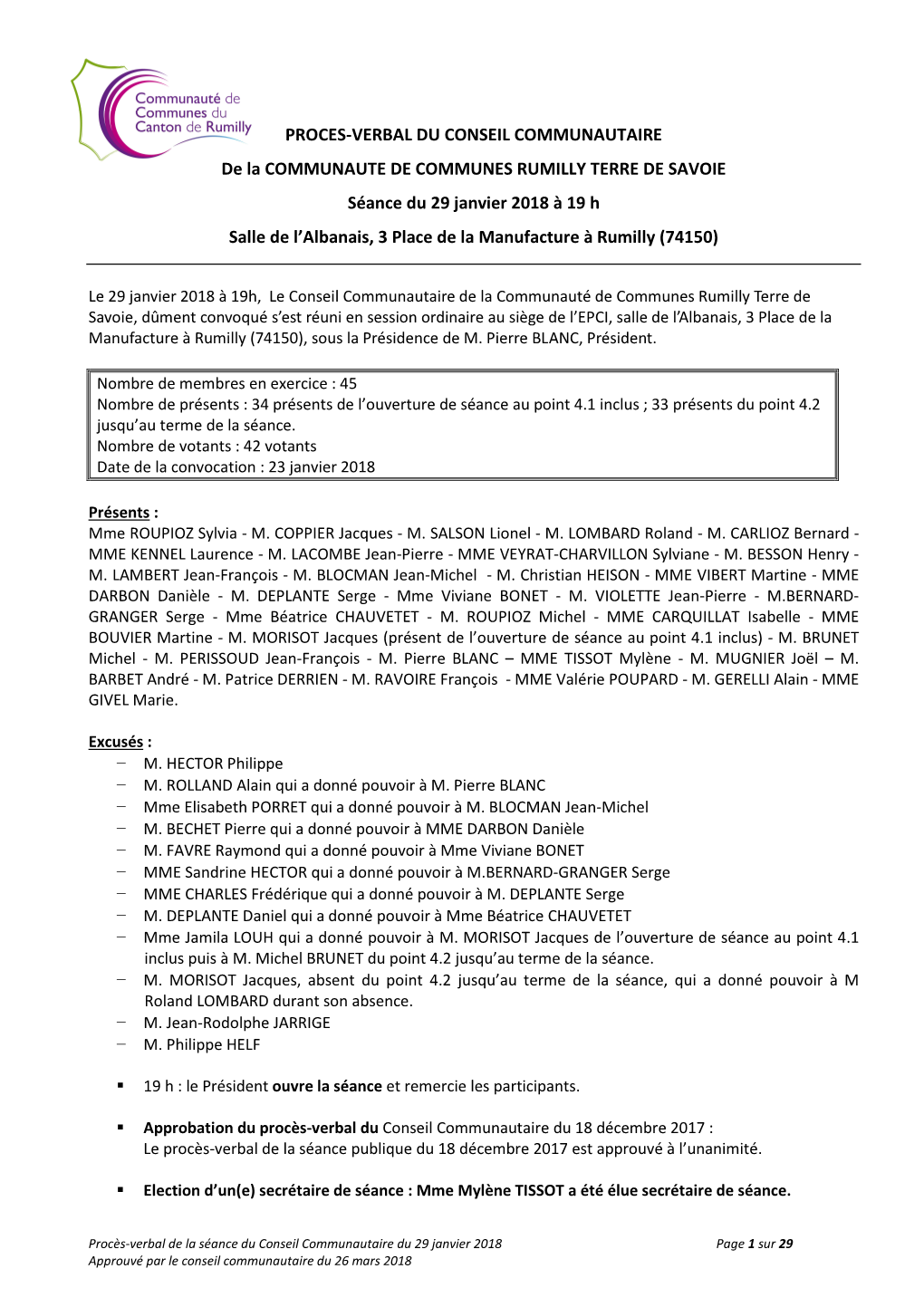 PROCES-VERBAL DU CONSEIL COMMUNAUTAIRE De La