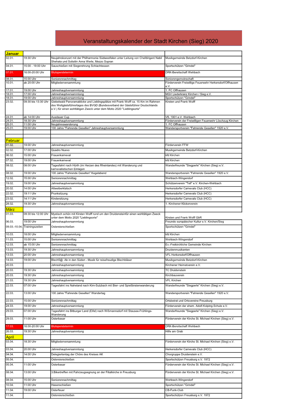 Veranstaltungskalender Der Stadt Kirchen (Sieg) 2020