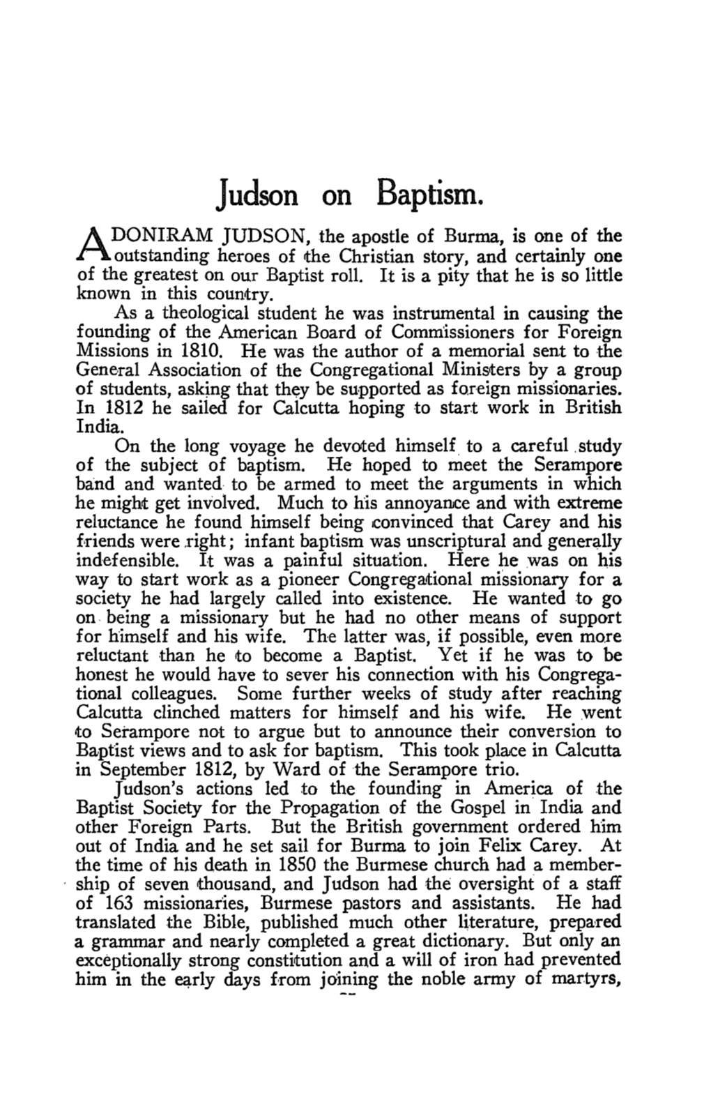 Judson on Baptism. DONIRAM JUDSON, the Apostle of Burma, Is One of the A