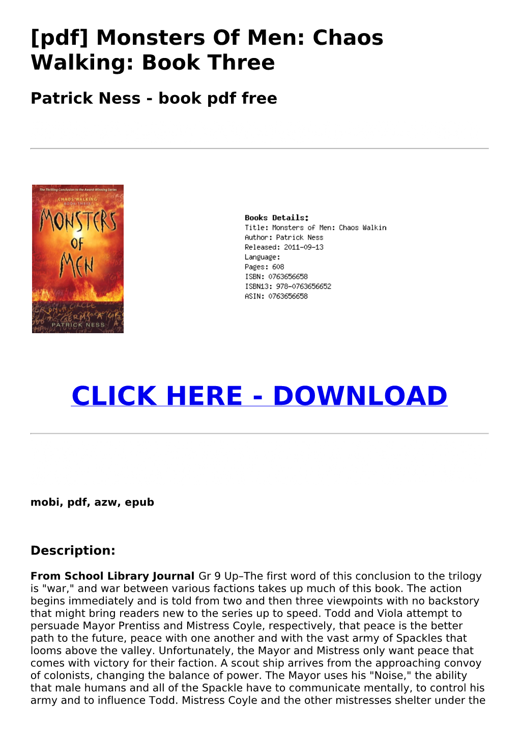 [Pdf] Monsters of Men: Chaos Walking: Book Three Patrick Ness