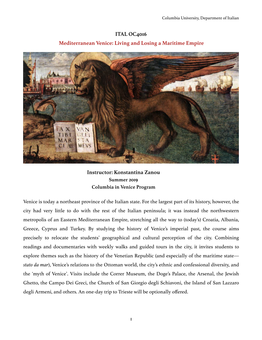 Mediterranean Venice Syllabus 2019