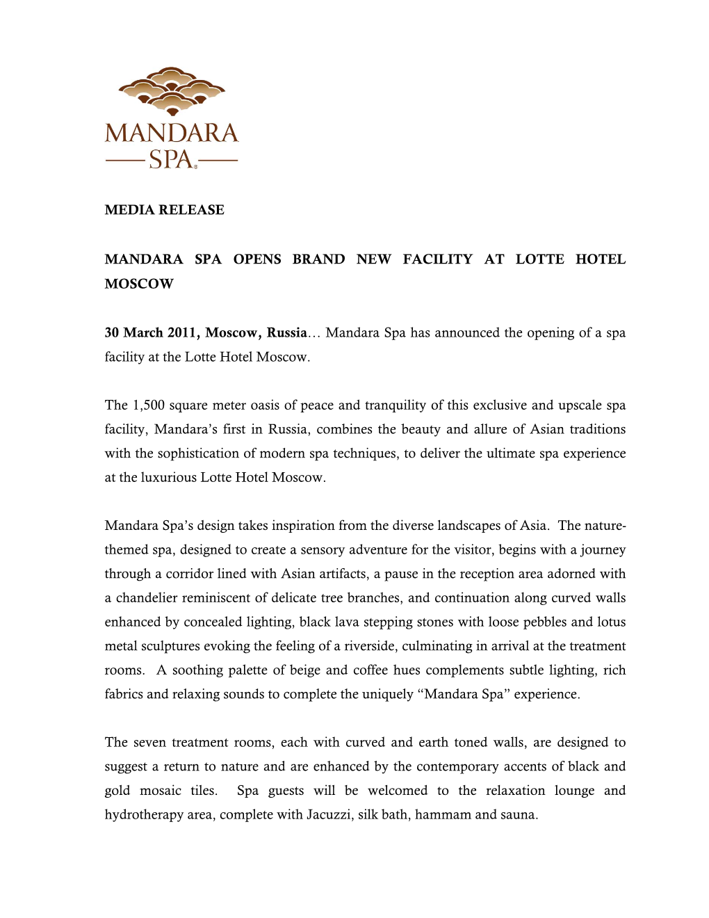 Mandara Spa Opens Brand New Facility at Lotte Hotel Moscow