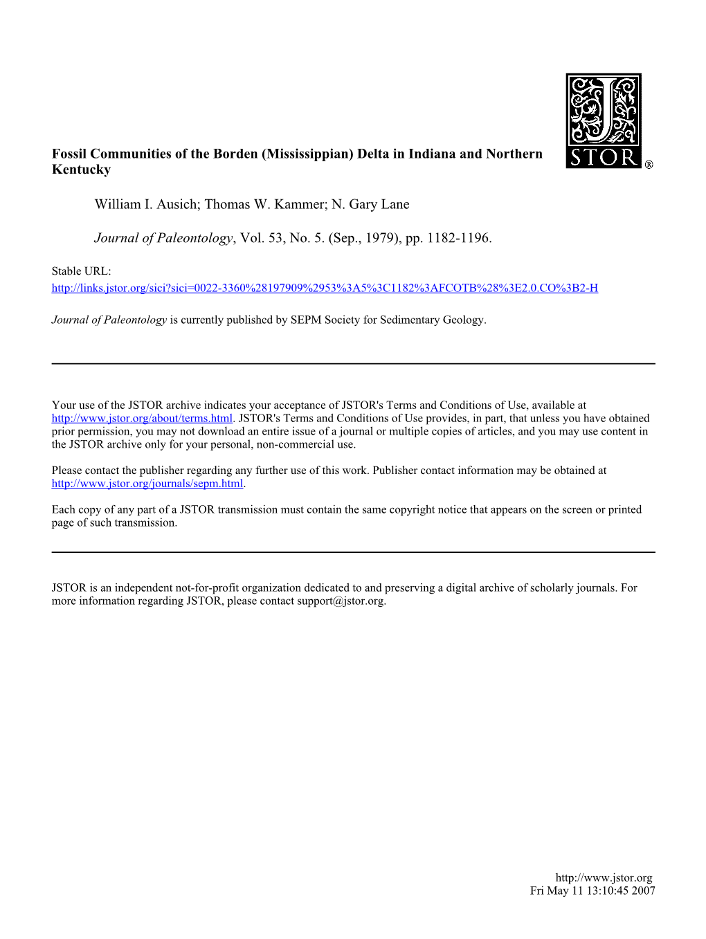 Fossil Communities of the Borden (Mississippian) Delta in Indiana and Northern Kentucky