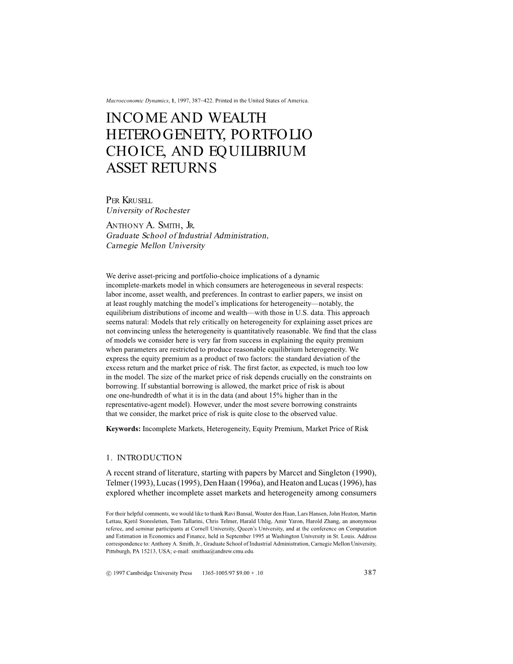 Income and Wealth Heterogeneity, Portfolio Choice and Equilibrium