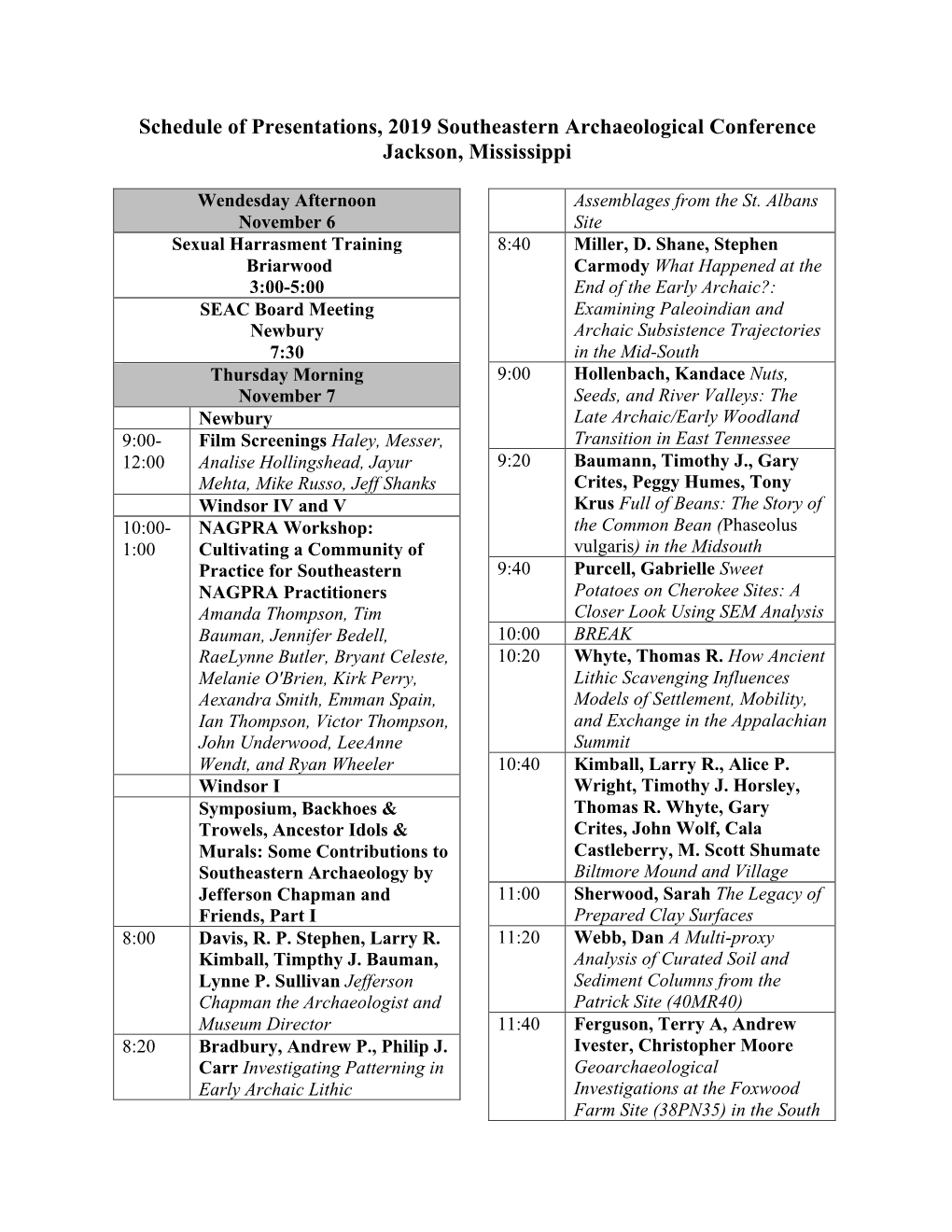 Schedule of Presentations, 2019 Southeastern Archaeological Conference Jackson, Mississippi