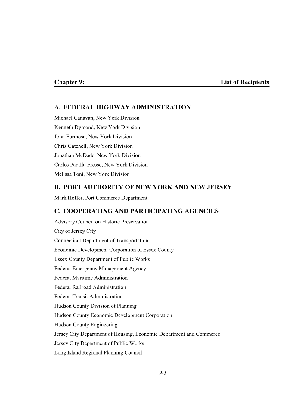 Chapter 9: List of Recipients A. FEDERAL HIGHWAY