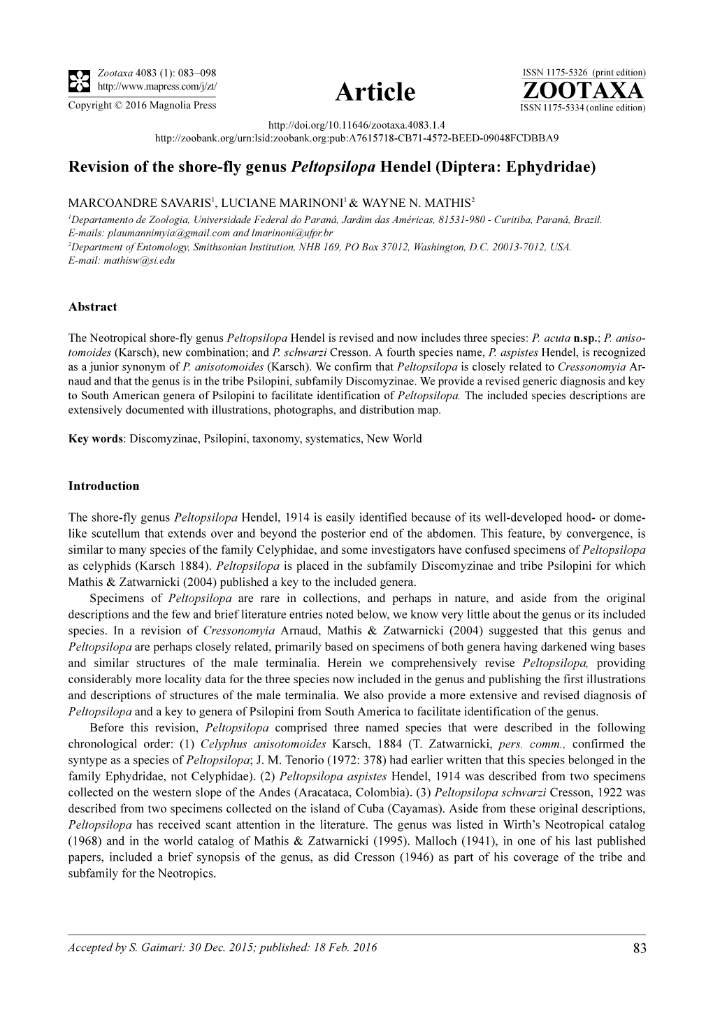 Revision of the Shore-Fly Genus Peltopsilopa Hendel (Diptera: Ephydridae)
