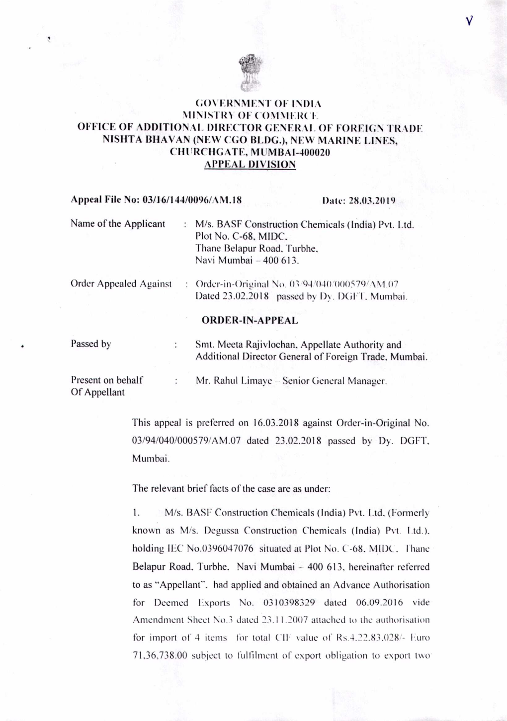 OFFICE of ADDITIONAL DIRECTOR GENERAL of FORVIC~ TRADE NISHTA BHAVAN (NEW CGO BLDG.), NEW MARINE LINES, Chlirchgate, MUMBAI-400020 APPEAL Division