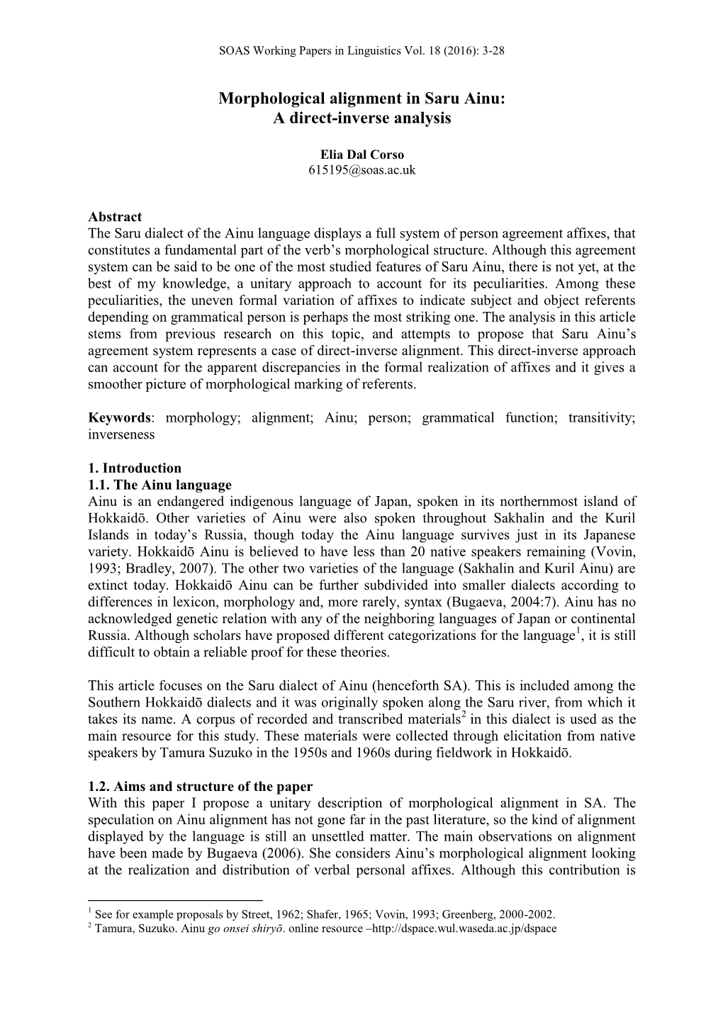 Morphological Alignment in Saru Ainu: a Direct-Inverse Analysis