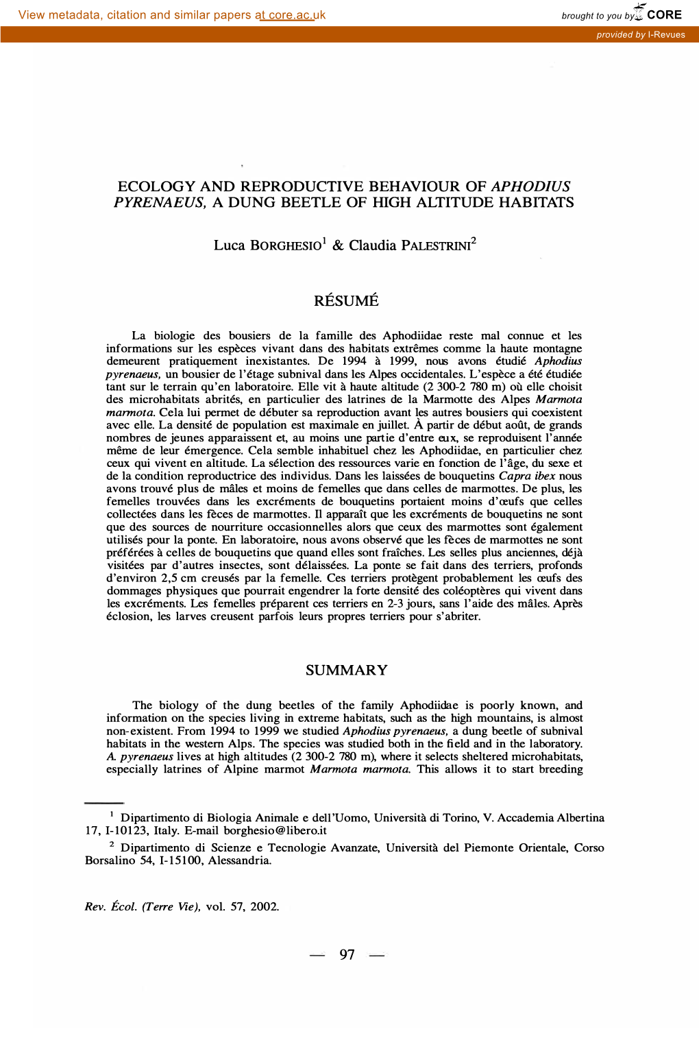 Ecology and Reproductive Behaviour of Aphodius Pyrenaeus, a Dung Beetle of High Altitude Habitat S