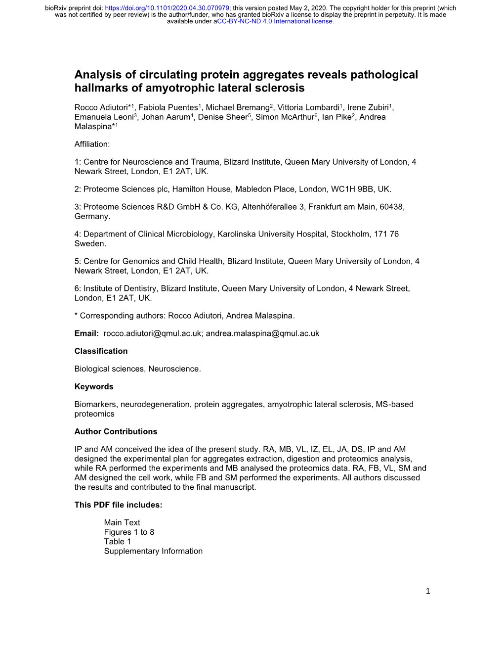 Analysis of Circulating Protein Aggregates Reveals Pathological Hallmarks of Amyotrophic Lateral Sclerosis