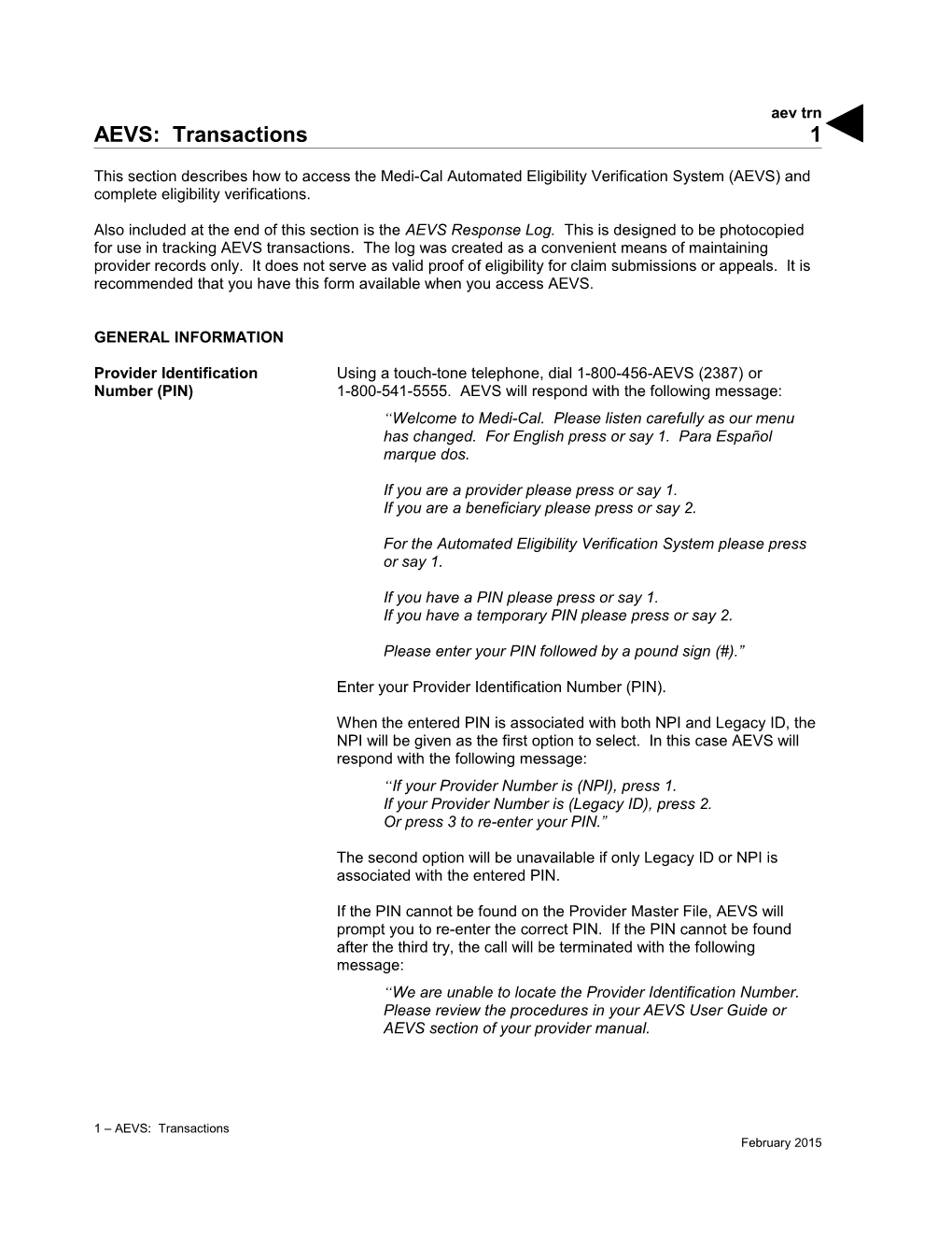 AEVS: Transactions (Aev Trn)