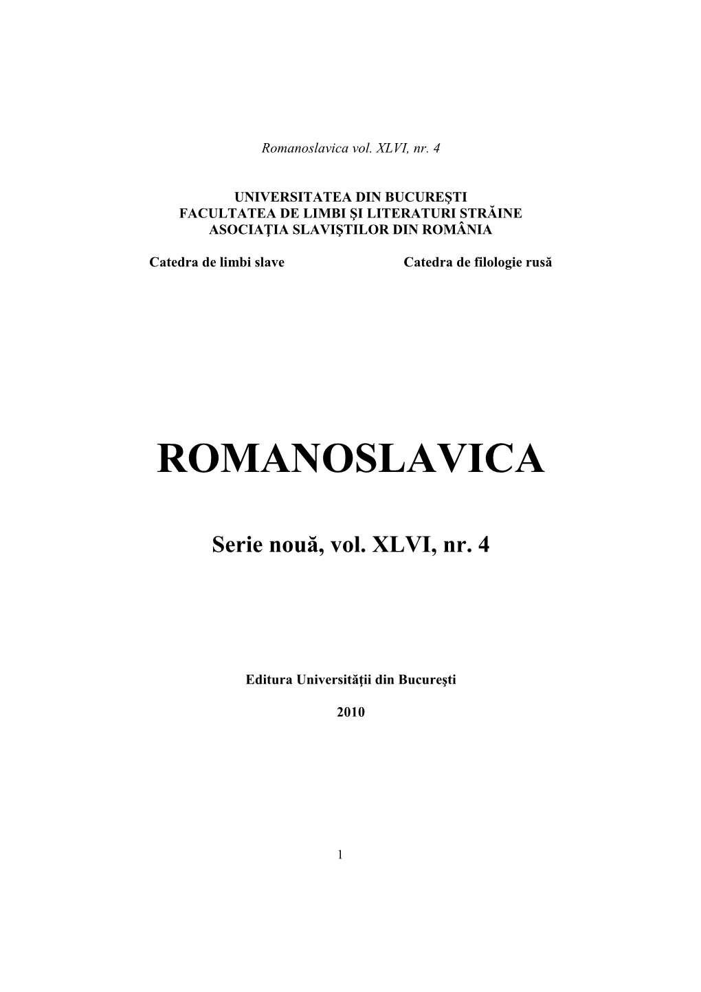 Universitatea Din Bucureşti Facultatea De Limbi Şi Literaturi Străine Asociaţia Slaviştilor Din România