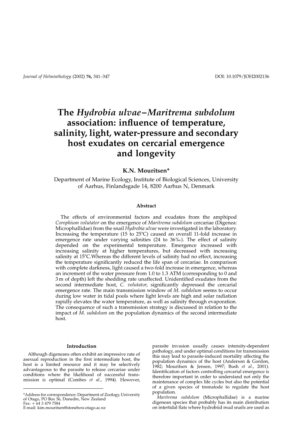 The Hydrobia Ulvae ÂŒ Maritrema Subdolum Association: Influence