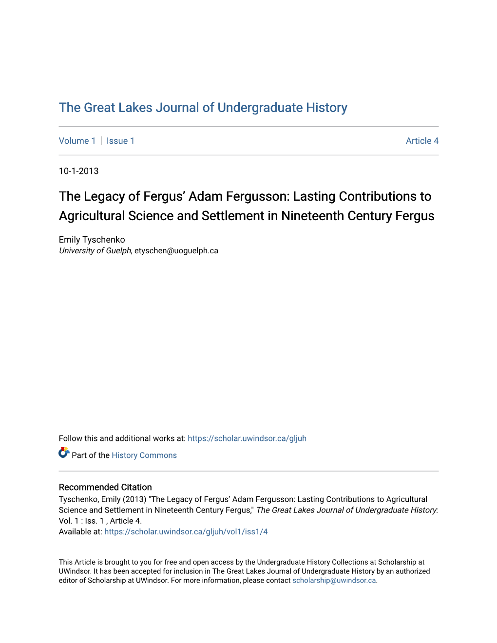 Lasting Contributions to Agricultural Science and Settlement in Nineteenth Century Fergus