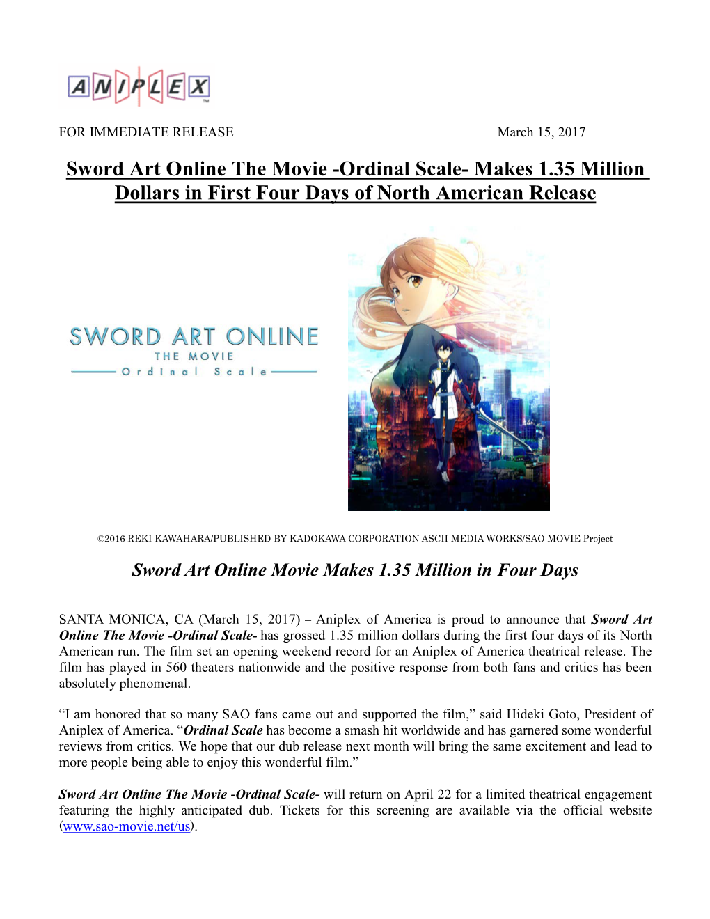 Ordinal Scale- Makes 1.35 Million Dollars in First Four Days of North American Release