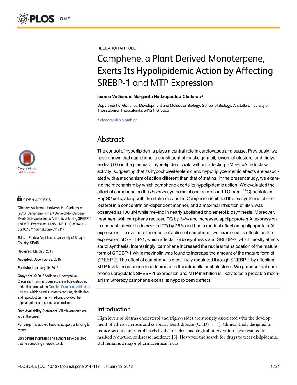 Camphene, a Plant Derived Monoterpene, Exerts Its Hypolipidemic Action by Affecting SREBP-1 and MTP Expression