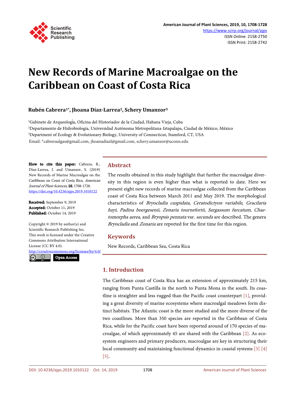 New Records of Marine Macroalgae on the Caribbean on Coast of Costa Rica