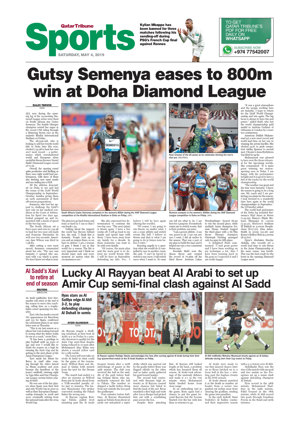 Gutsy Semenya Eases to 800M Win at Doha Diamond League