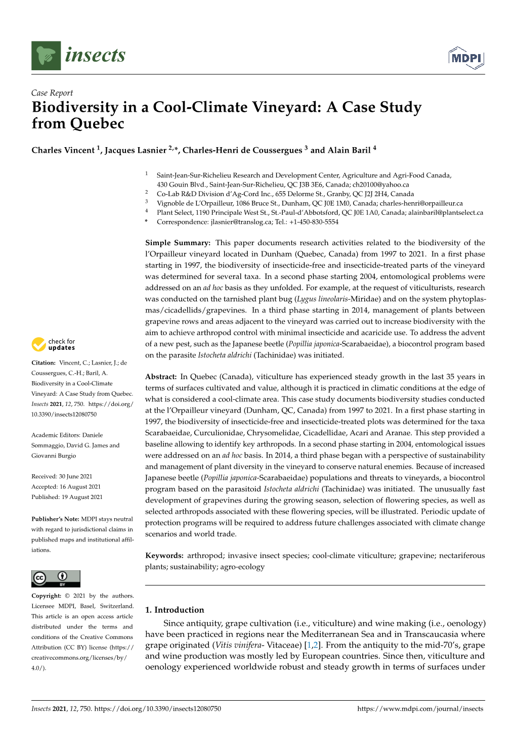 Biodiversity in a Cool-Climate Vineyard: a Case Study from Quebec