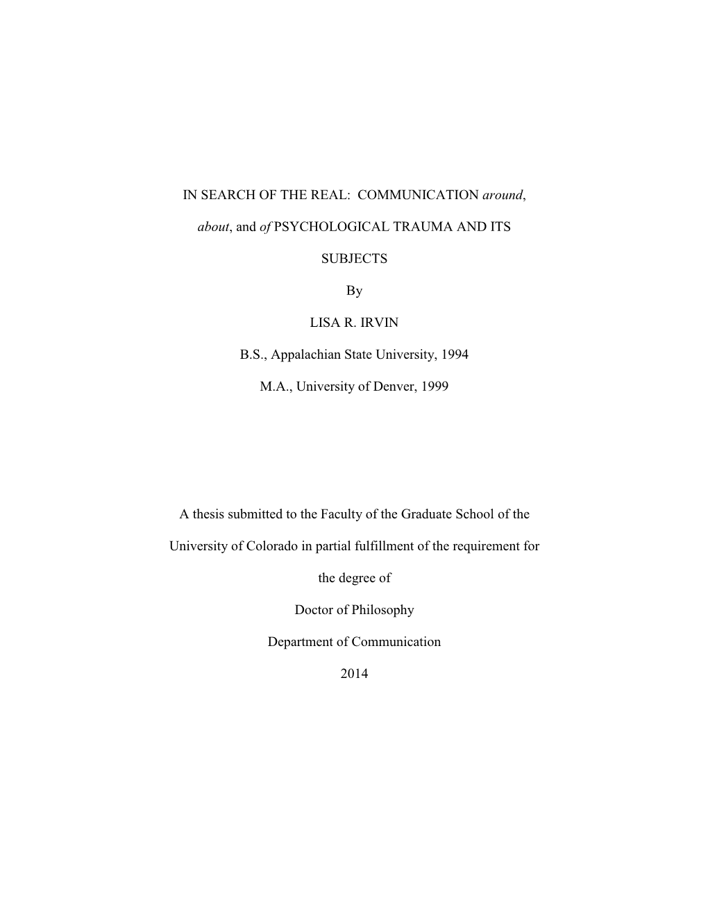 Communication Around, About, and of Psychological Trauma and Its Subjects Has Been Approved for the Department of Communication