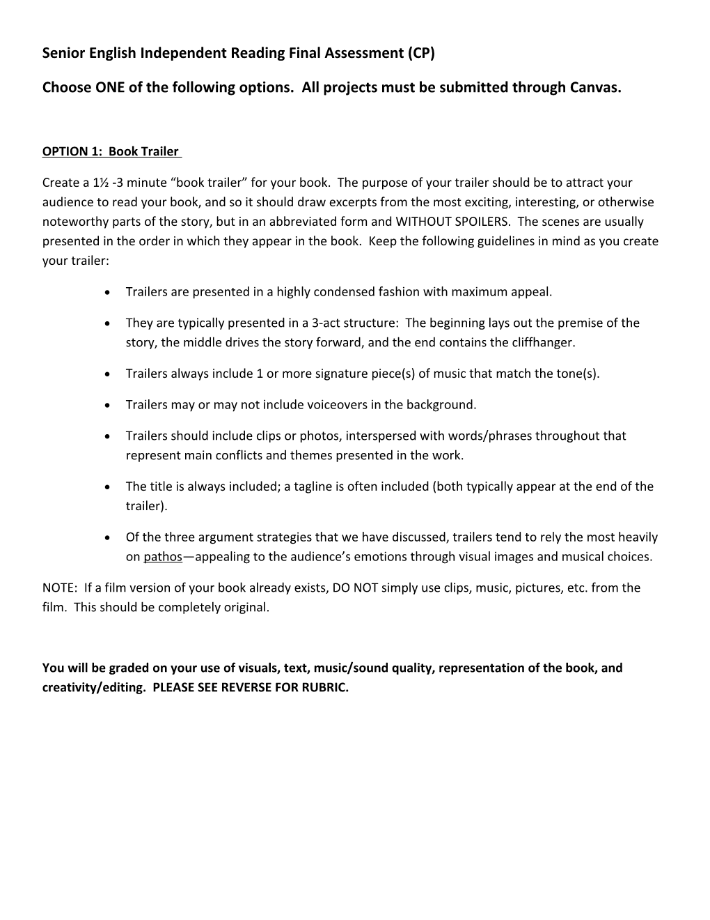 Senior English Independent Reading Final Assessment (CP)