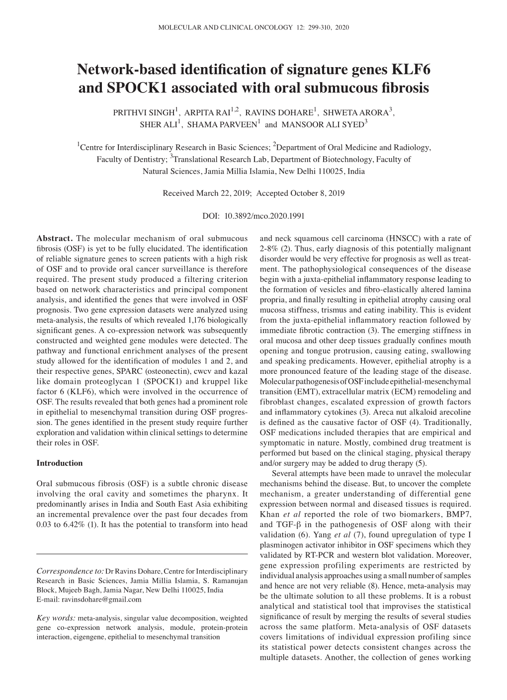 Network‑Based Identification of Signature Genes KLF6 and SPOCK1 Associated with Oral Submucous Fibrosis