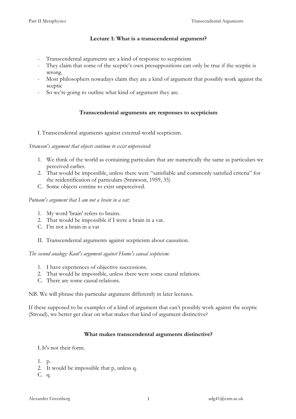 Lecture 1: What Is a Transcendental Argument?