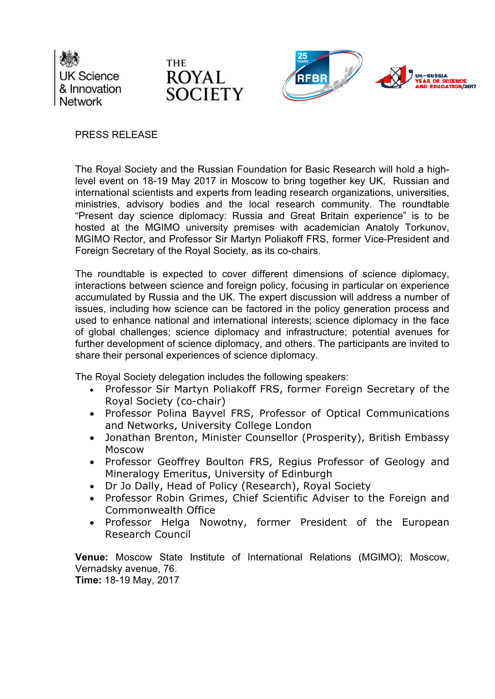 PRESS RELEASE the Royal Society and the Russian Foundation For