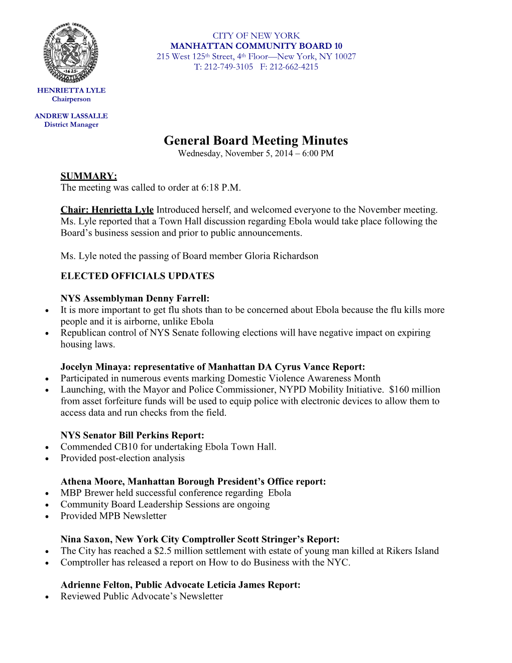 General Board Meeting Minutes Wednesday, November 5, 2014 – 6:00 PM