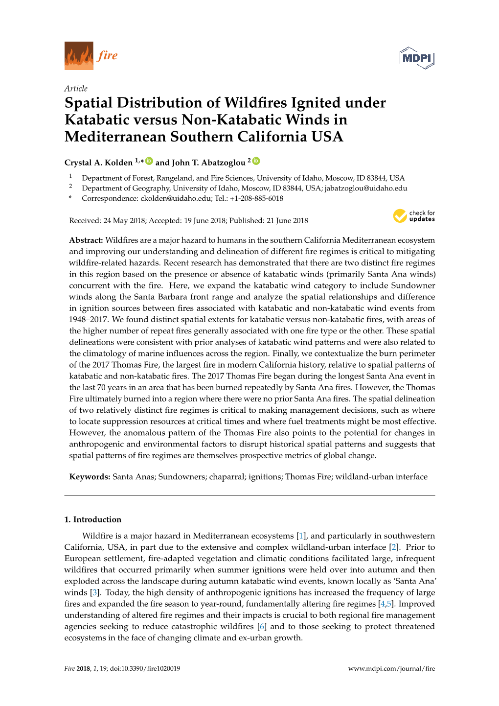 Spatial Distribution of Wildfires Ignited Under Katabatic Versus Non-Katabatic Winds in Mediterranean Southern California