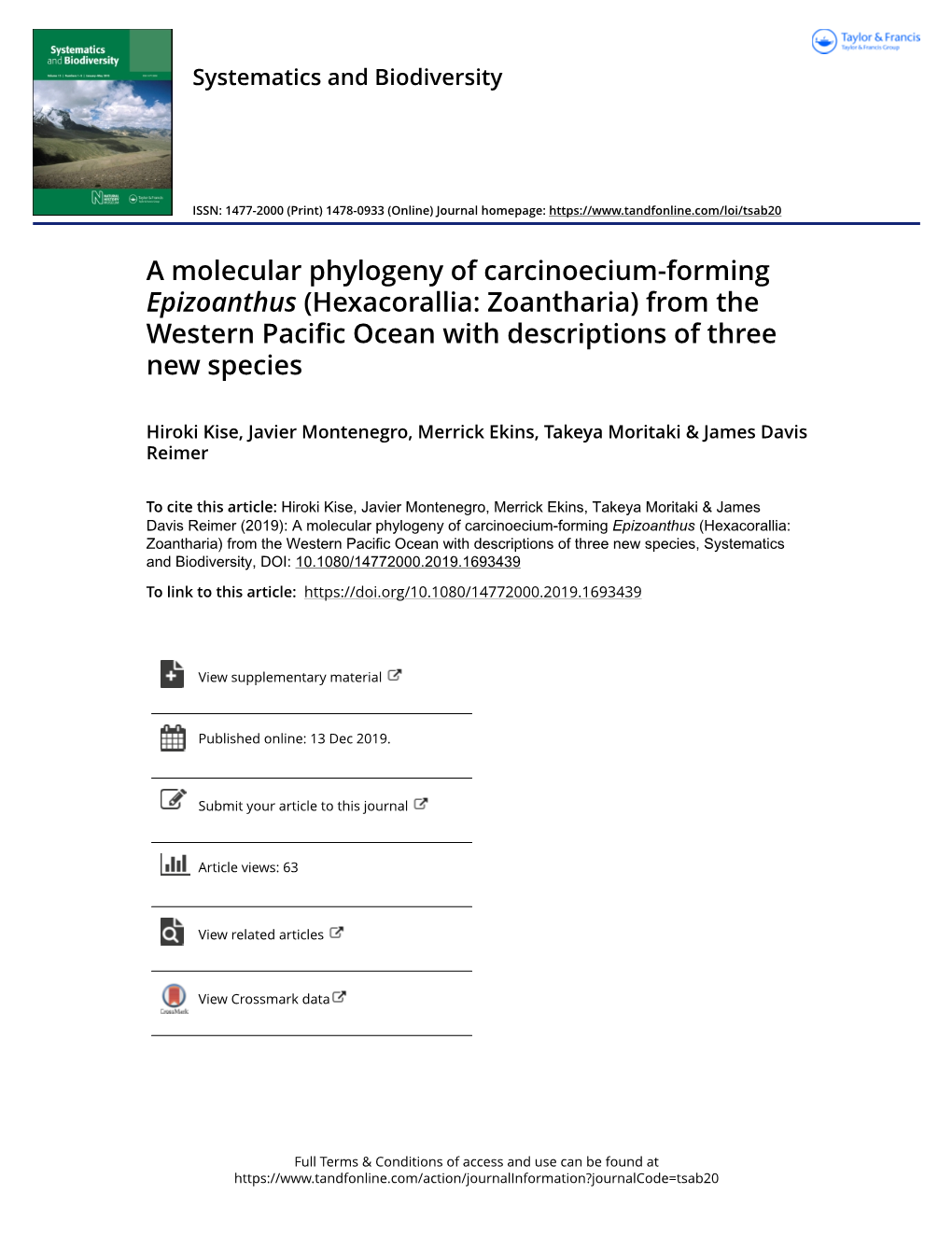 A Molecular Phylogeny of Carcinoecium-Forming Epizoanthus (Hexacorallia: Zoantharia) from the Western Pacific Ocean with Descriptions of Three New Species