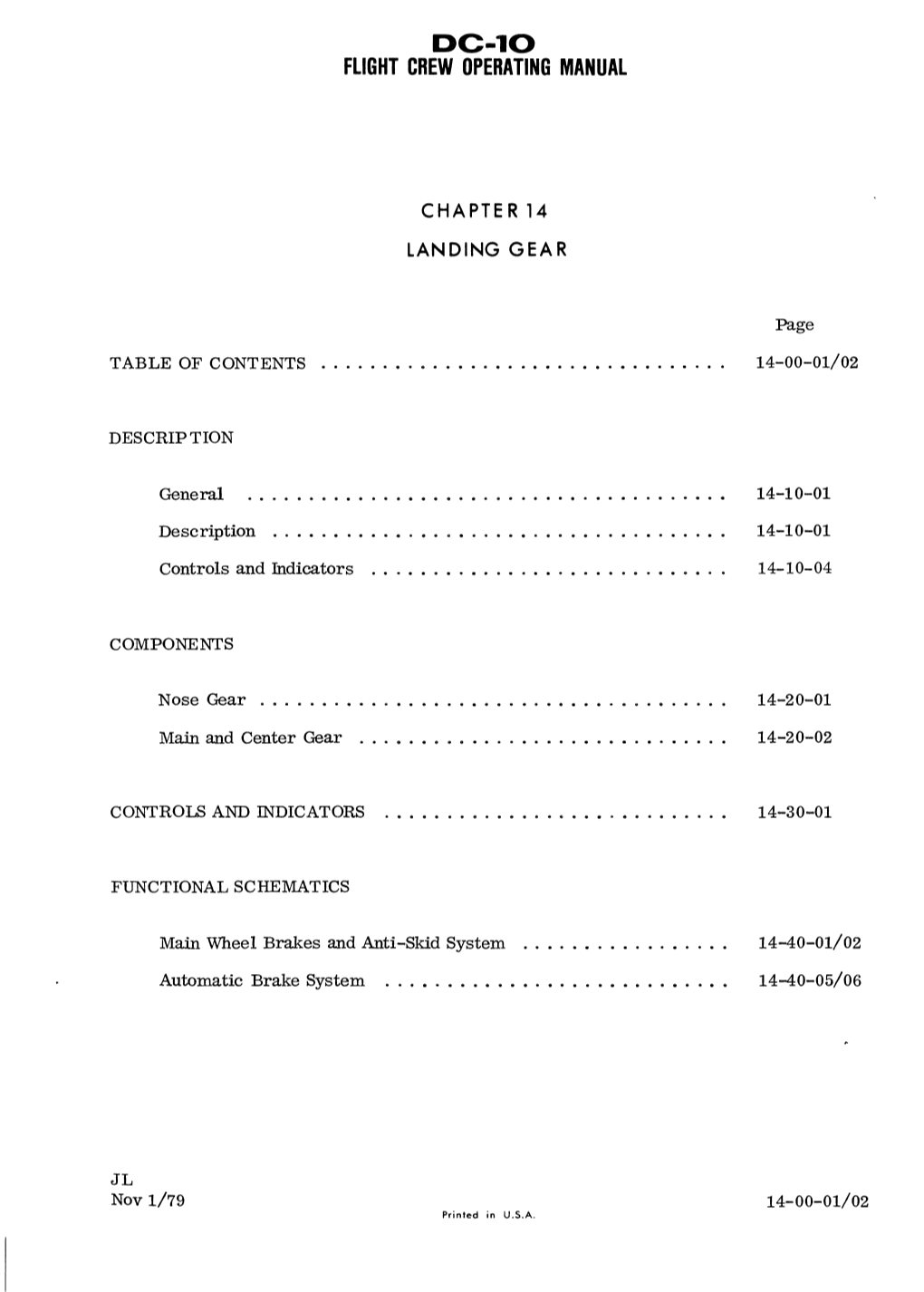 CHAPTER 14 LANDING GEAR Page TABLE of CONTENTS 14-00-01