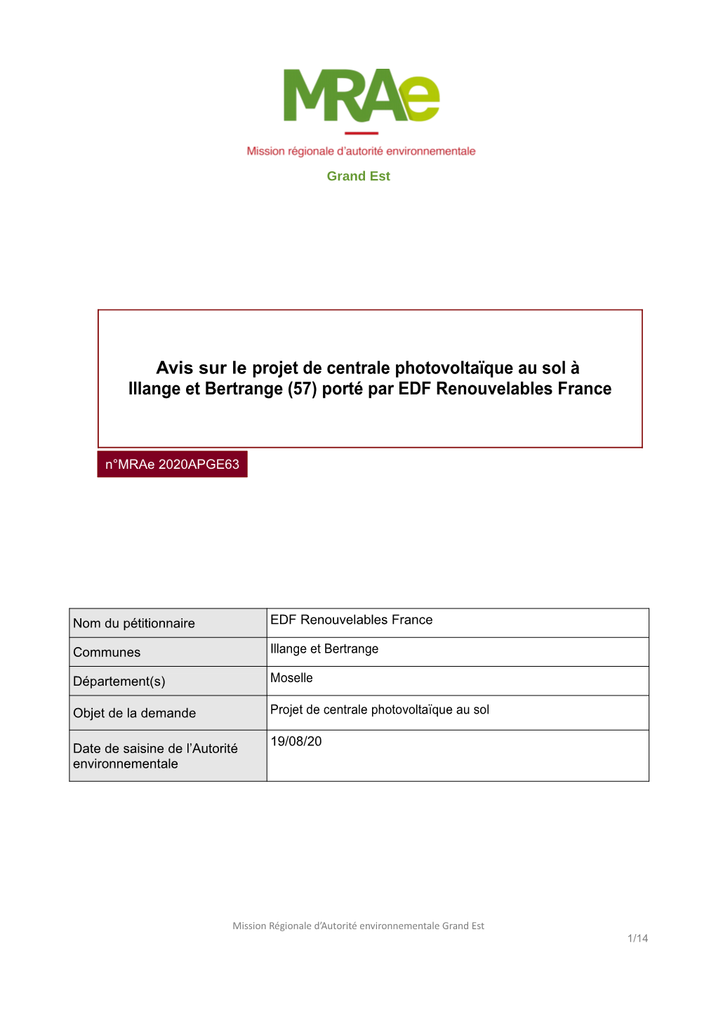 Avis Sur Le Projet De Centrale Photovoltaïque Au Sol À Illange Et Bertrange (57) Porté Par EDF Renouvelables France