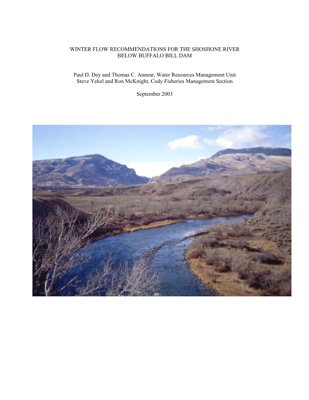 Winter Flow Recommendations for the Shoshone River Below Buffalo Bill Dam