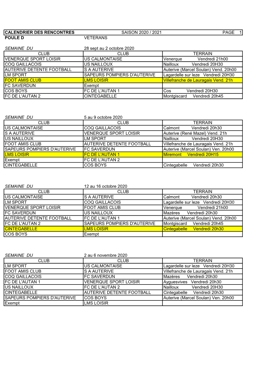 Calendrier Des Rencontres Saison 2020 / 2021 Page 1 Poule D Veterans