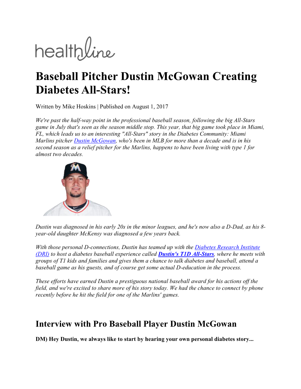 Baseball Pitcher Dustin Mcgowan Creating Diabetes All-Stars!
