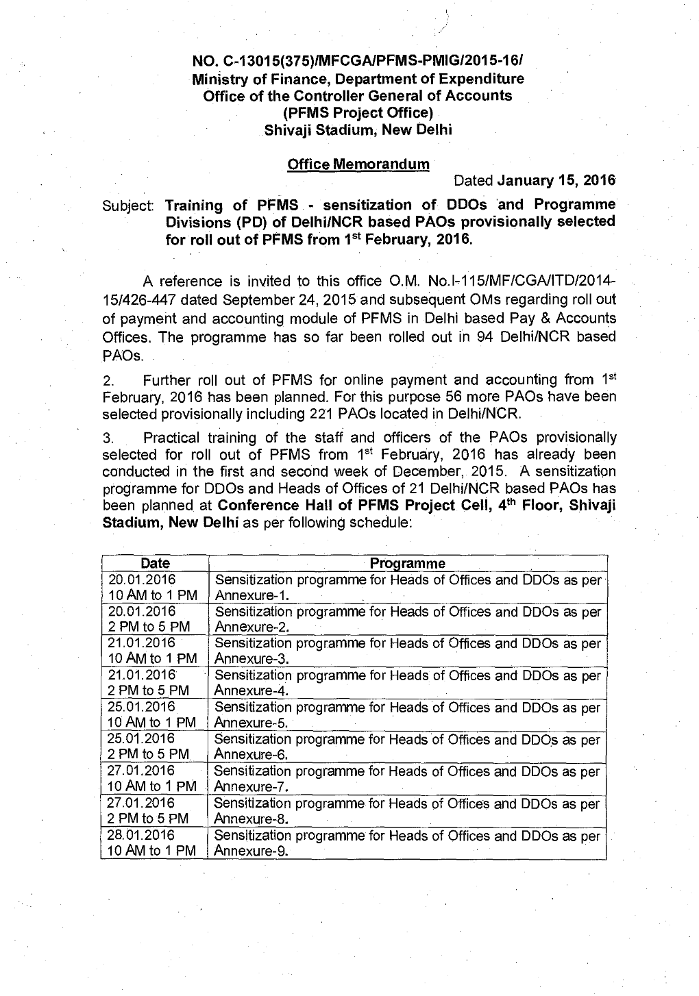 Annexure-1 SENSITIZATION PROGRAMME of Ddos and Heads of OFFICE Date of Sensitization Programme 20.01.2016 Time 10 AM to 1 PM Sl