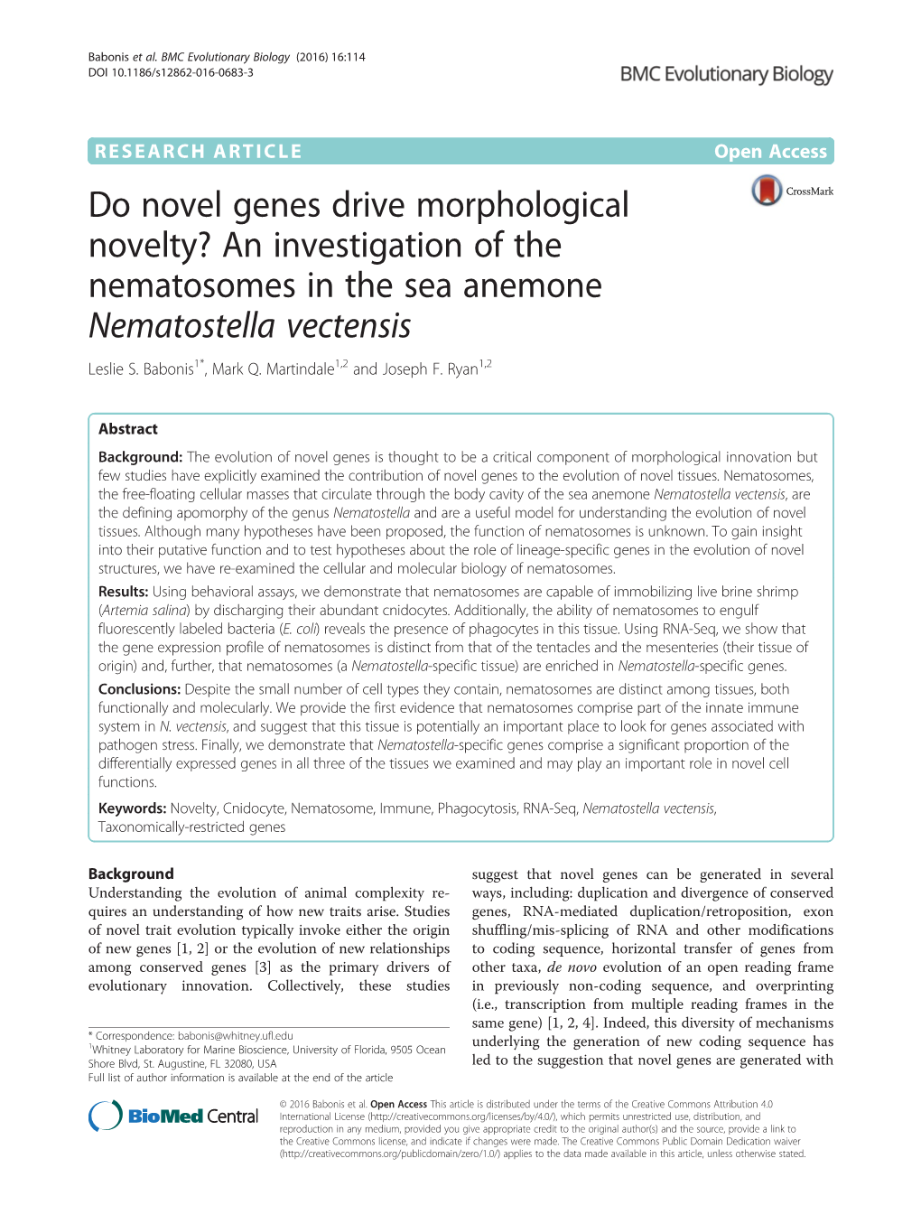 An Investigation of the Nematosomes in the Sea Anemone Nematostella Vectensis Leslie S