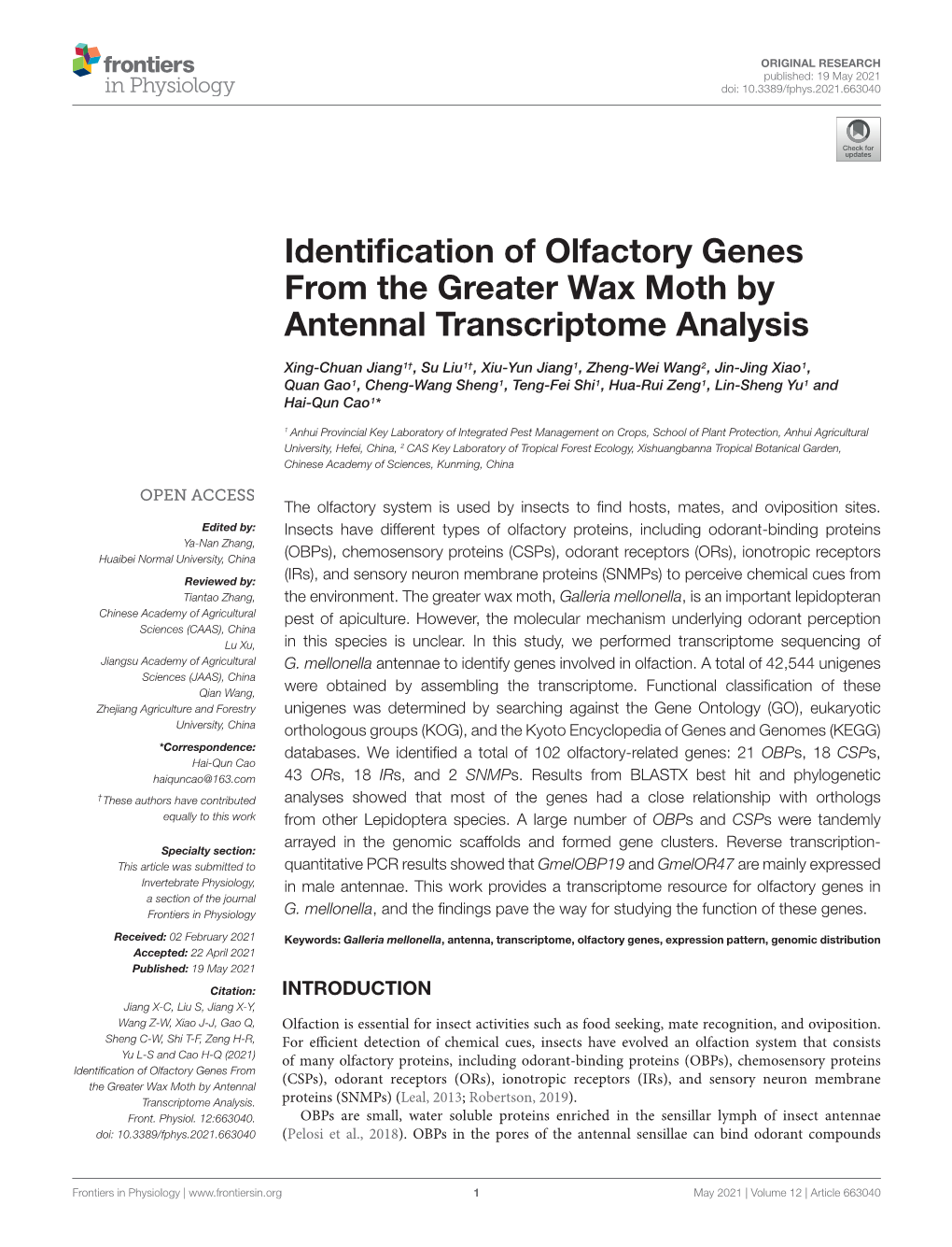 Identification of Olfactory Genes from the Greater Wax Moth by Antennal