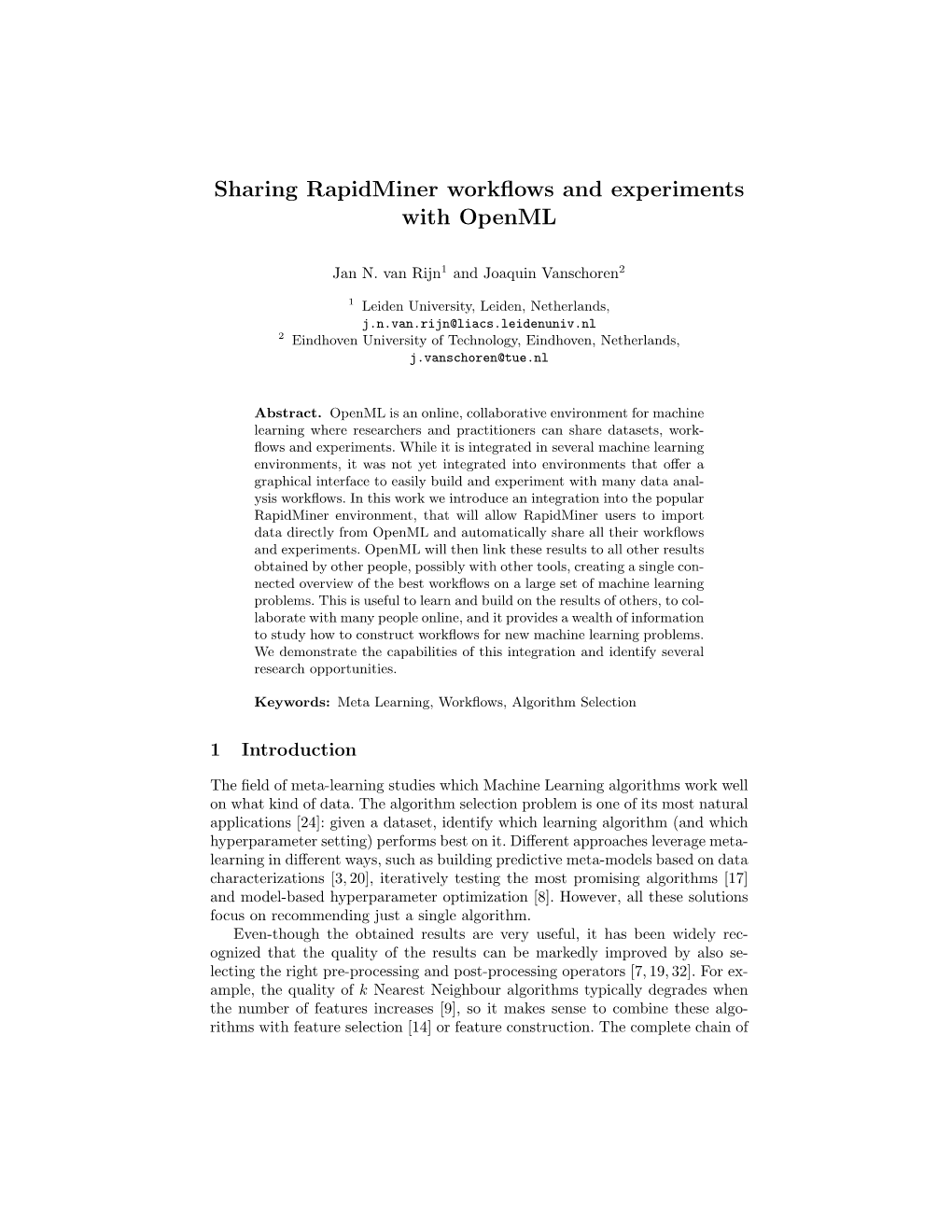 Sharing Rapidminer Workflows and Experiments with Openml