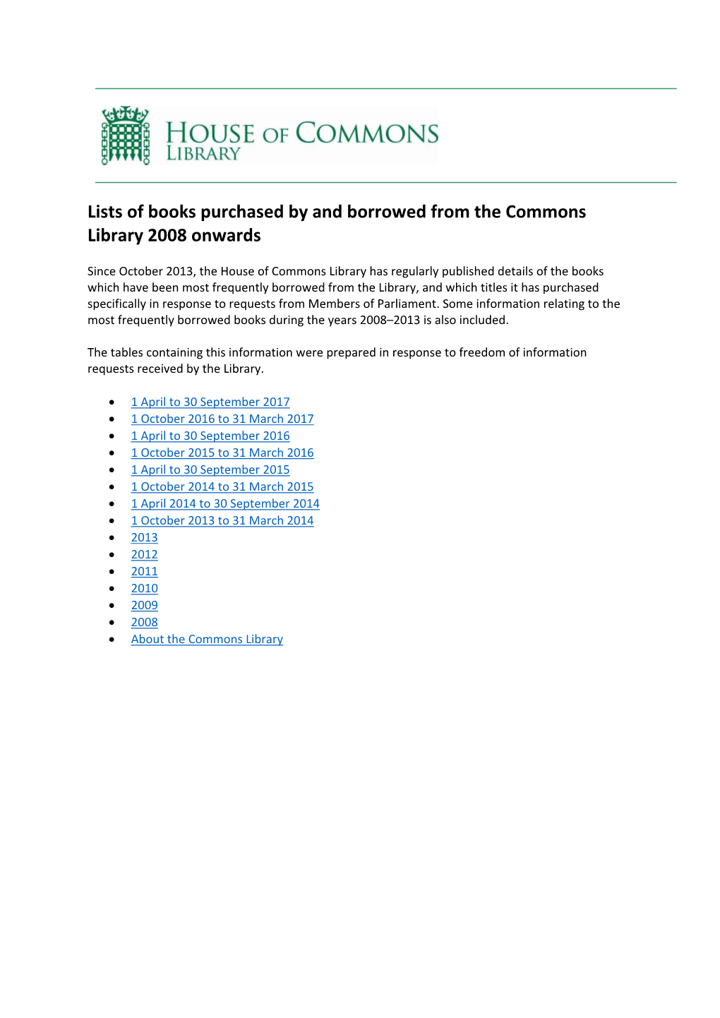 Books Purchased by and Borrowed from the Commons Library 2008 Onwards