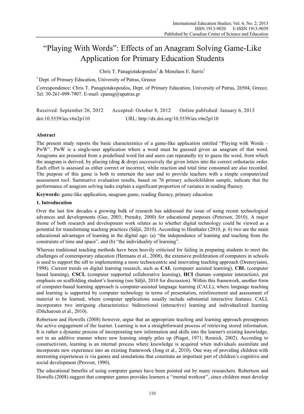 “Playing with Words”: Effects of an Anagram Solving Game-Like Application for Primary Education Students